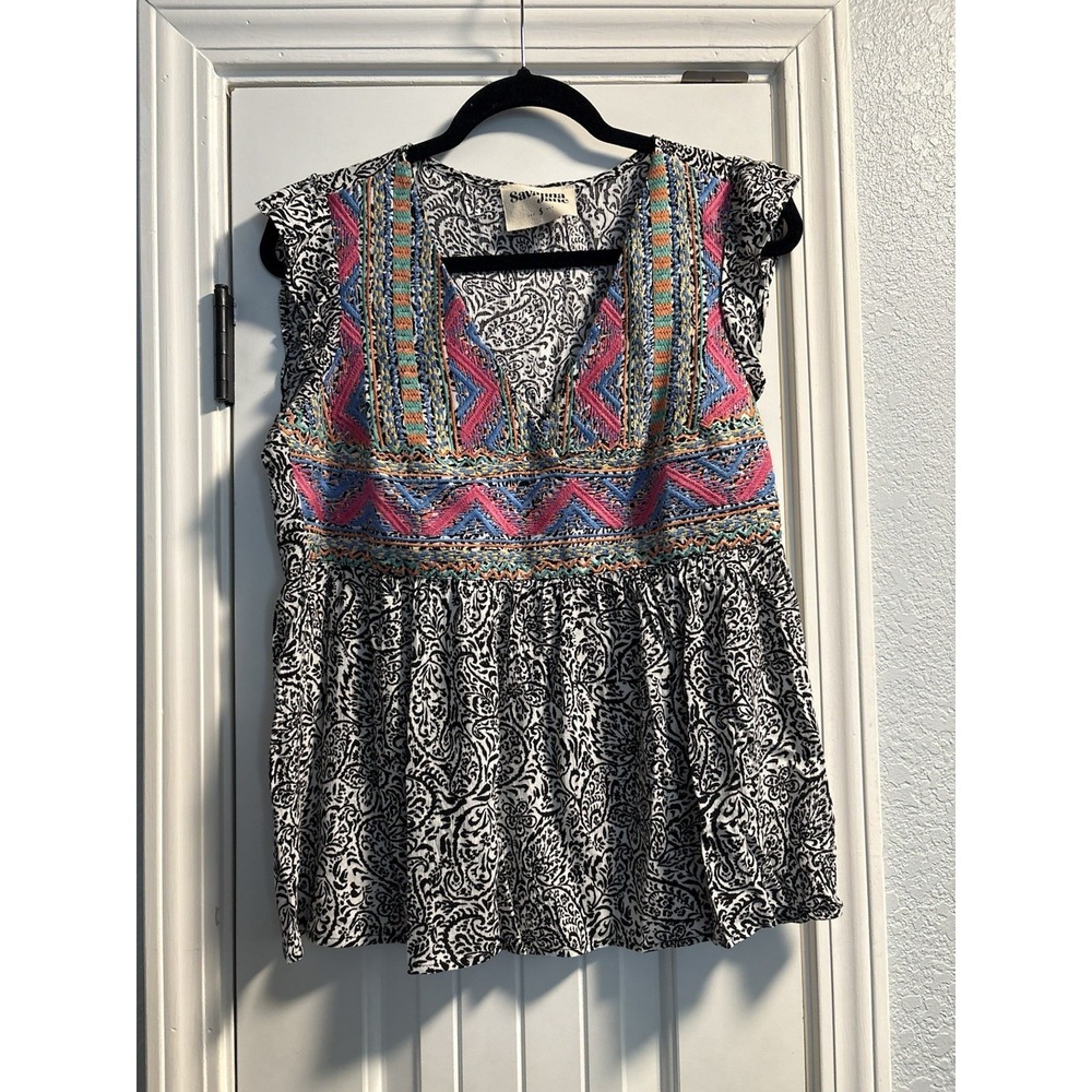 Savanna Jane Small Boho Embroidered Paisley Babydoll‎ Top Multicolor Sleeveless
